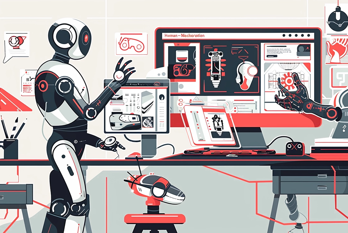 Robots humanoides trabajando en un estudio creativo de diseño y tecnología