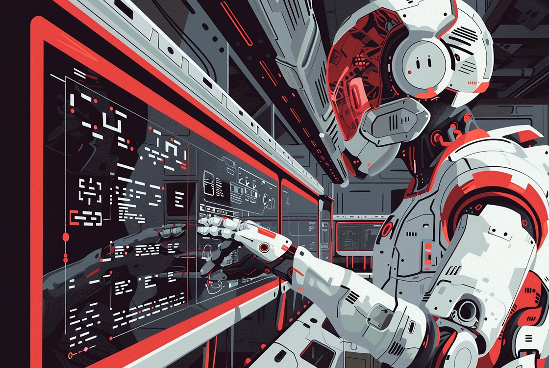 Brazos robóticos trabajando en un entorno futurista que representa automatización e inteligencia artificial en el diseño gráfico.