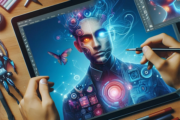 Ilustración de una figura digital creada con inteligencia artificial en una interfaz creativa, representando el nuevo rol estratégico del diseñador visual.
