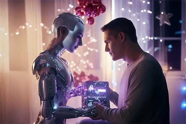 Un ser humano y un robot trabajando juntos en un entorno creativo, mostrando colaboración entre tecnología y diseño.