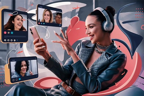 Persona con auriculares interactuando con elementos visuales digitales.