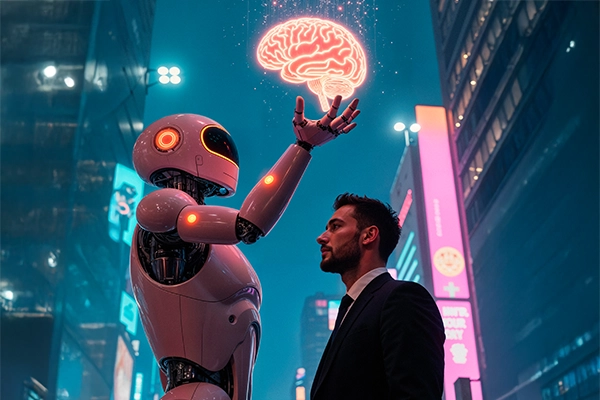 Imagen de un robot interactuando con un ser humano, representando la medición en tiempo real de las respuestas emocionales ante el diseño mediante IA