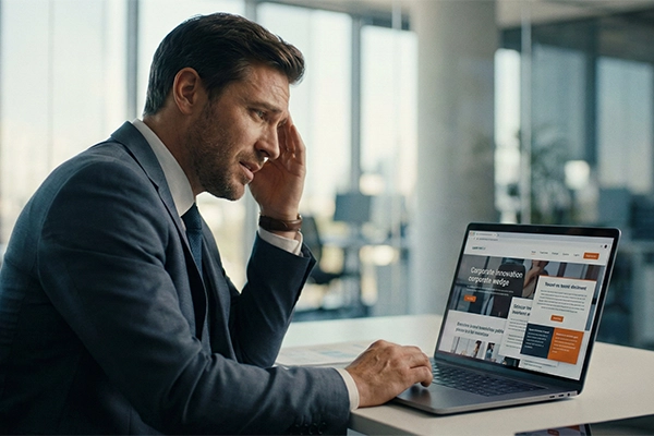 persona-frustrada-frente-a-computadora-revisando-errores-en-el-diseno-de-web-empresarial