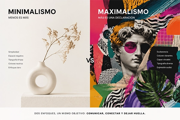 Visual comparison between minimalism and maximalism in modern graphic design